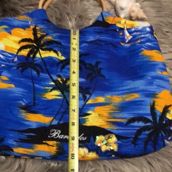 Bahama/Barbados Cloth Bag with Bamboo Handles-15x10-Blue/Black/Orange-EUC - Picture 8 of 13